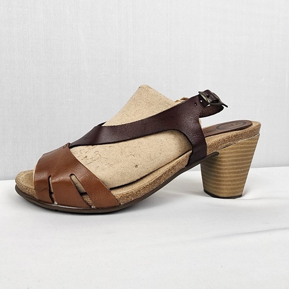Fab Brown Leather Ankle Strap Stacked Heel Sandals Size 9
